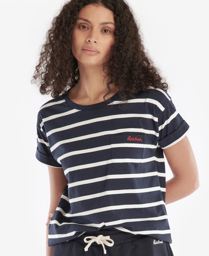 Navy White Barbour Otterburn Stripe T-Shirt | JFP-163820